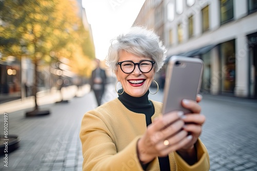 Elderly lady flaunting selfie on phone, with short gray hair, in city. Photo generative AI