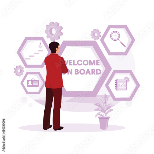 Welcome onboard, New Employee Process Orientation Management. Introduce An Idea concept. Trend Modern vector flat illustration