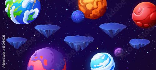 Floating platform space game level ui background. 2d planet in galaxy for online adventure videogame interface illustration asset. Futuristic cosmos landscape with flying asteroid and rock island