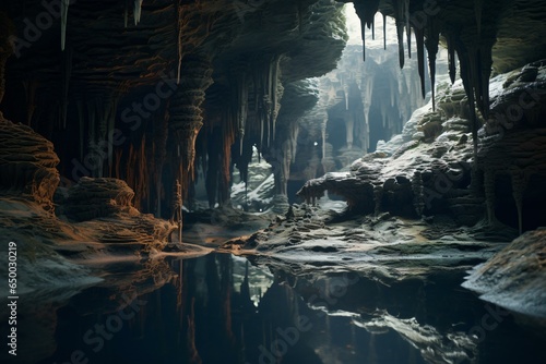 Photographie A beautiful underground cave with crystal clear water and rocky formations