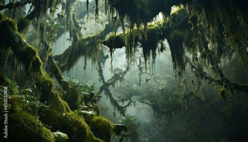 Moss-covered trees in a serene forest setting