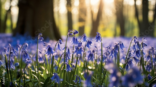 A beautiful field of bluebells in a sunlit forest photo
