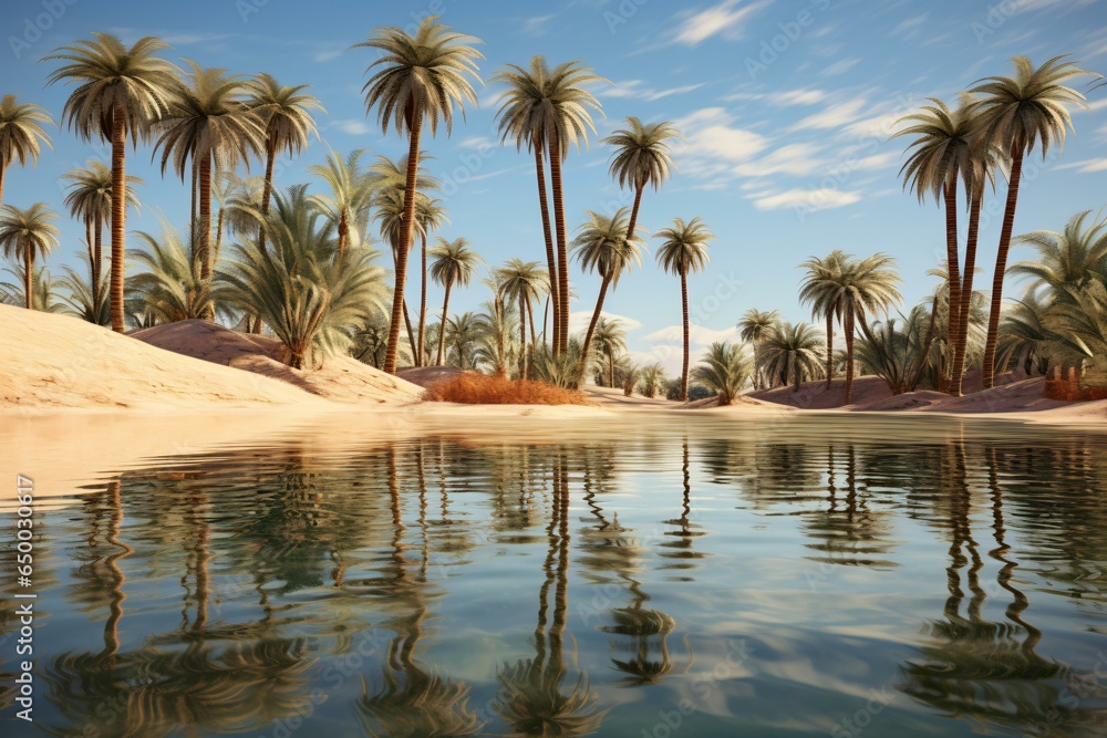 Palm trees reflecting in the peaceful waters of a serene lake