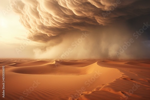 A dramatic storm brewing over a vast desert landscape