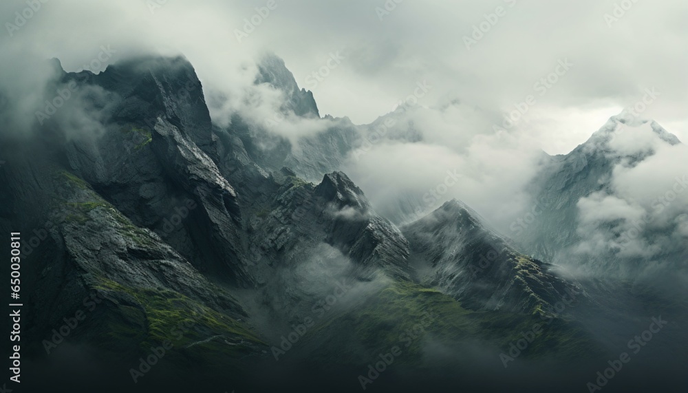 A majestic mountain peak hidden among the clouds