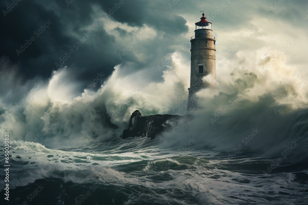 A lighthouse standing strong amidst a raging storm at sea