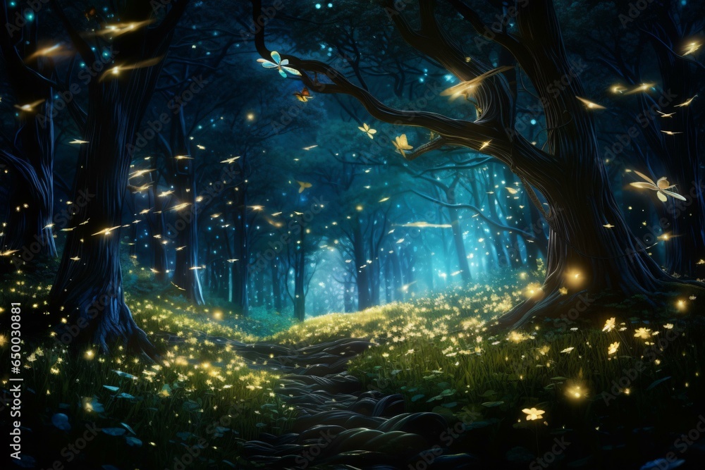 A mesmerizing forest illuminated by glowing fireflies