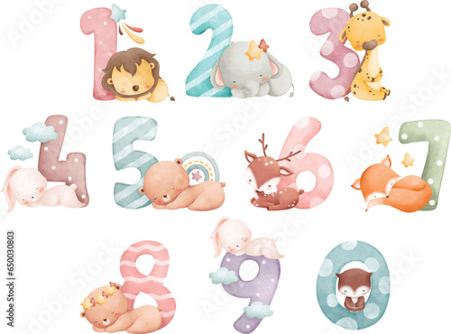 Photography Watercolor Illustration set of numbers with cute baby animals