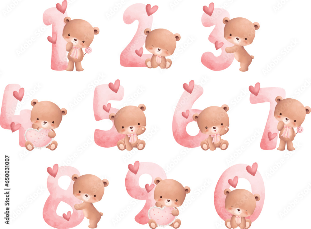 Watercolor Illustration set of numbers with cute baby bear Watercolor Illustration set of numbers with cute baby bear
