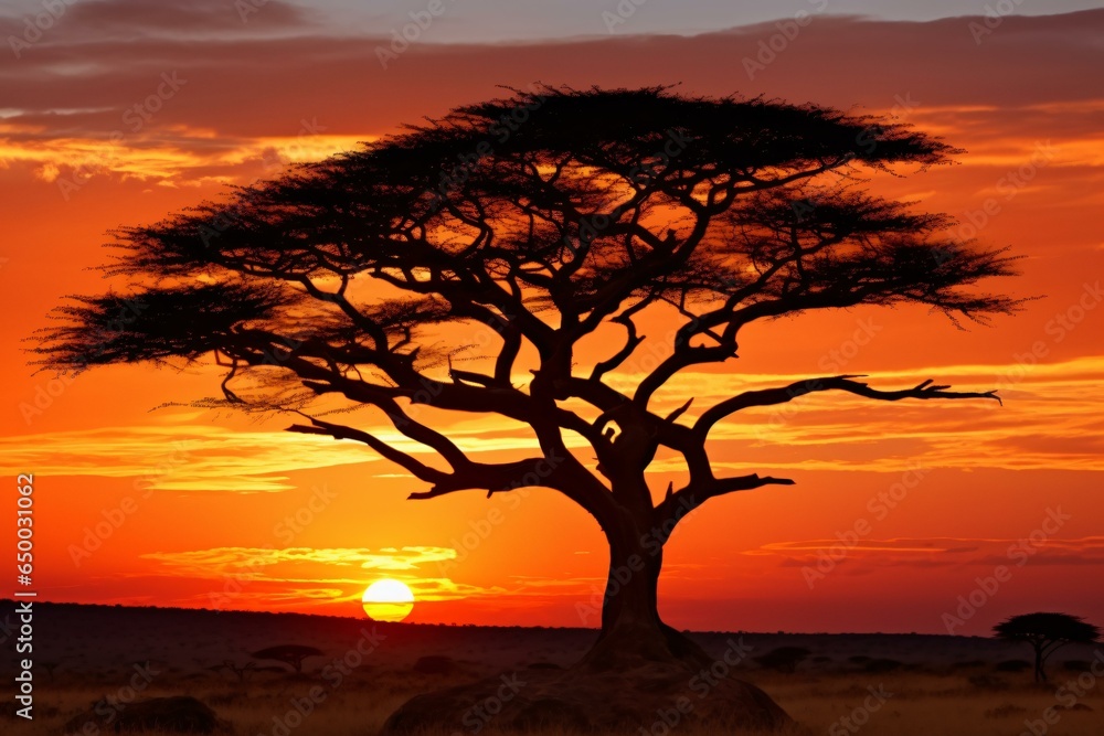 A solitary tree silhouetted against a vibrant sunset in a picturesque field