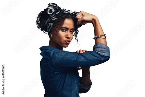 Strong, woman and portrait of fight for gender equality, power and feminism on isolated, transparent or png background. Flex, arms and icon with confidence, pride or challenge for women empowerment