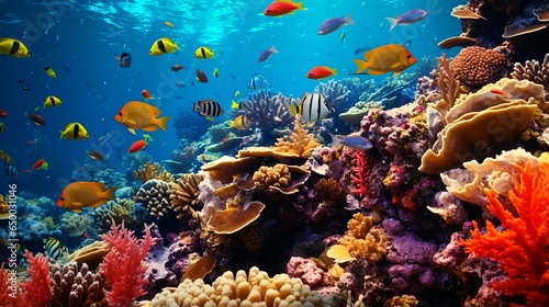 A vibrant coral reef teeming with a diverse array of fish © KWY