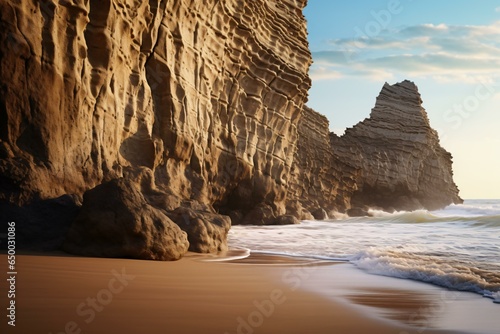 A picturesque beach with a stunning rocky cliff backdrop