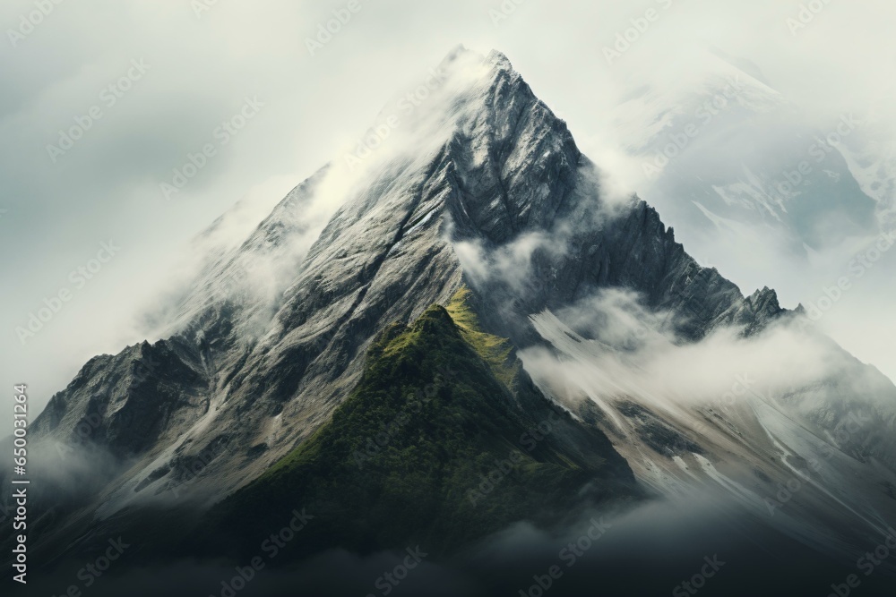 A majestic mountain peak shrouded in mist and clouds A majestic mountain peak shrouded in mist and clouds