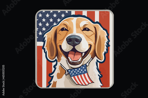 dog holding American flag, happy dog sticker. Cute beagle dog stickers pack, cute puppies 