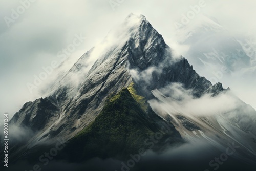 A majestic mountain peak shrouded in mist and clouds © KWY