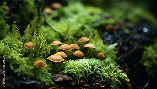 Mushrooms in a vibrant green forest photo