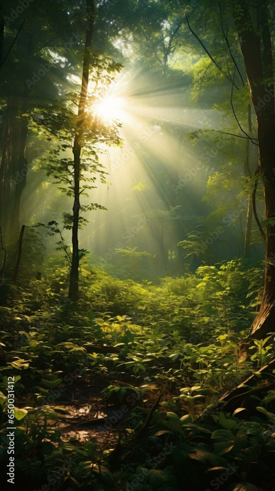 Obraz premium Sunlight streaming through a dense forest