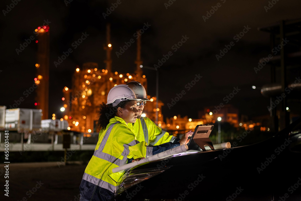 Engineers wear uniform and helmet stand in front of the car hand holding blueprint paper, survey inspection work plant site use radio communication to work with night lights oil refinery background.