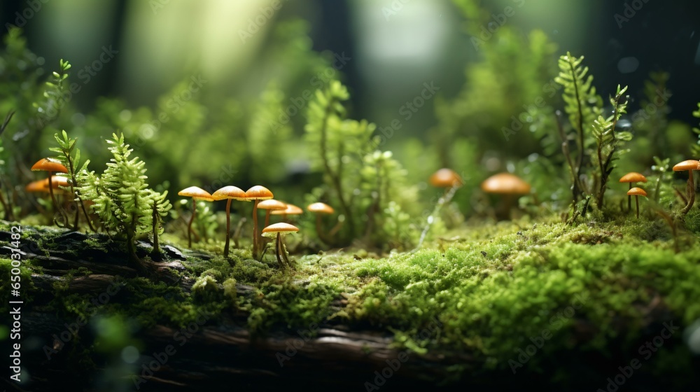 A cluster of mushrooms in a lush mossy forest A cluster of mushrooms in a lush mossy forest