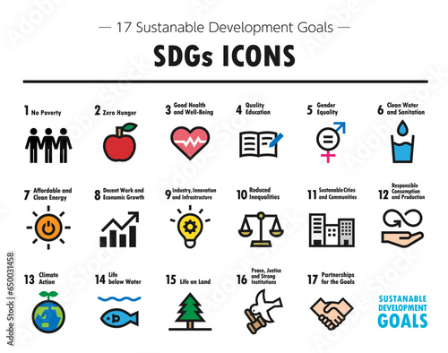 SDGs（持続可能な開発目標）に関するアイテムのベクターアイコンセット