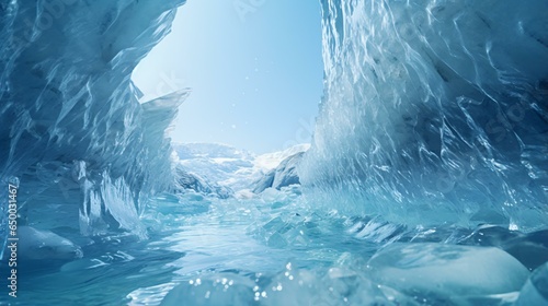 An enchanting ice cave with a mesmerizing flow of water