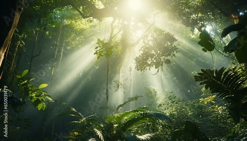 Sunlight streaming through the lush foliage of a jungle