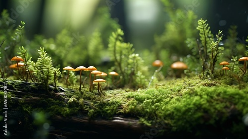 A cluster of mushrooms in a lush mossy forest © KWY