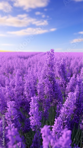 A vibrant field of purple flowers under a clear blue sky