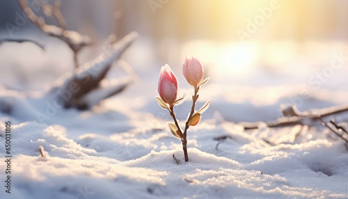 Two pink flowers blooming in the snowy landscape #650031805