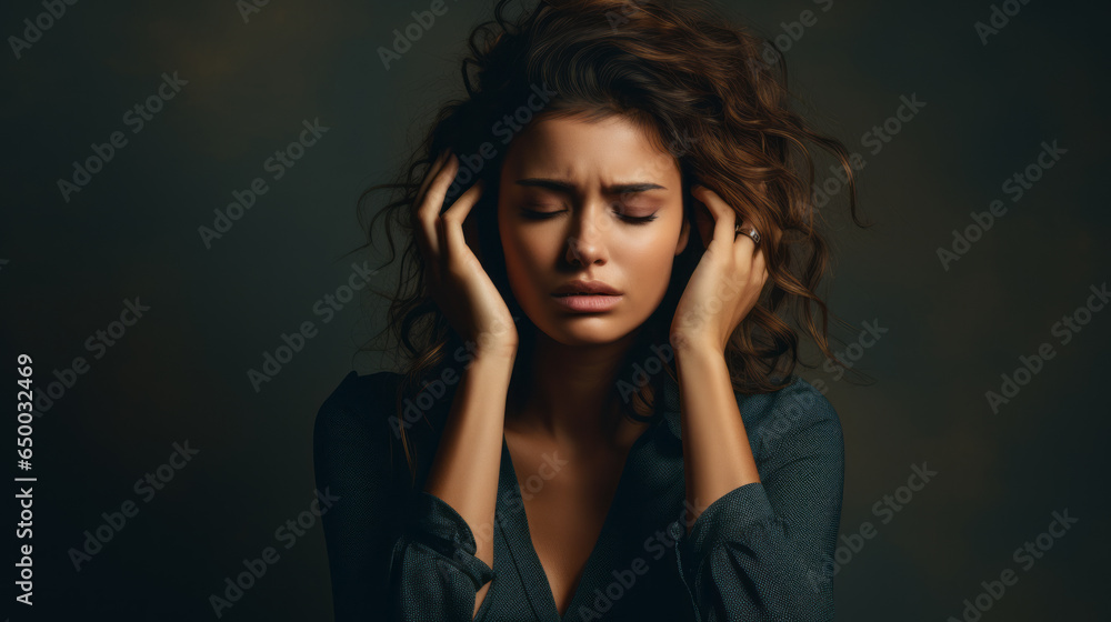 A woman in distress, suffering from a debilitating migraine headache, holding her head in pain. - obrazy, fototapety, plakaty 