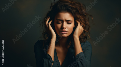 A woman in distress, suffering from a debilitating migraine headache, holding her head in pain. photo