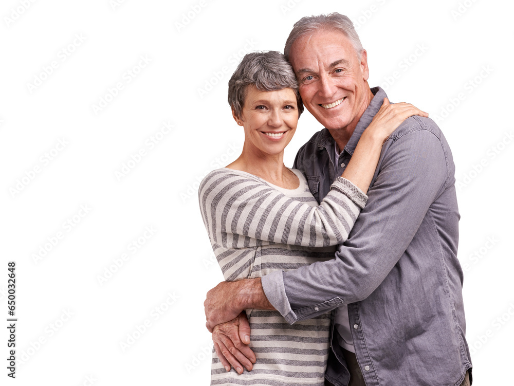 Embrace, smile and portrait of old couple isolated on transparent png background in trust, love and care. Support, senior man and happy woman hug in romantic bonding, marriage and retirement together Embrace, smile and portrait of old couple isolated on transparent png background in trust, love and care. Support, senior man and happy woman hug in romantic bonding, marriage and retirement together