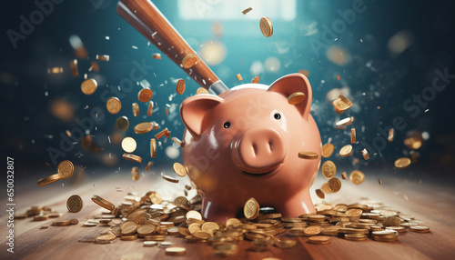 Smash a piggy bank with a hammer and the coins fly around photo