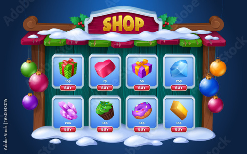 Winter and Christmas shop game interface - cartoon wooden window with items on card and price button. User interface template of menu frame with snow, holly and ball decorations for selling props.