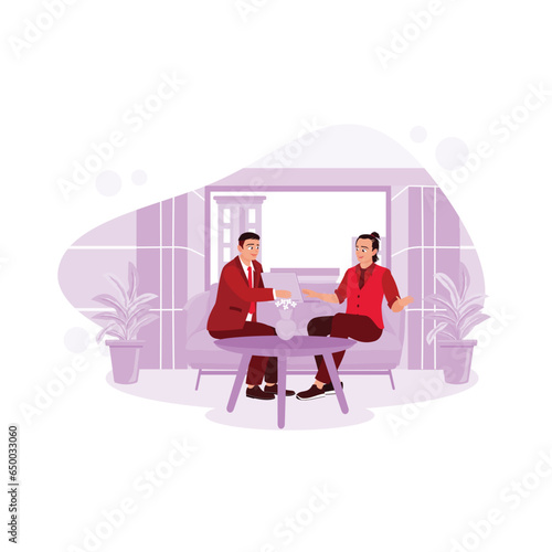 Two businessmen are meeting in a modern office, negotiating and mutually agreeing. Discussing concepts. Trend Modern vector flat illustration