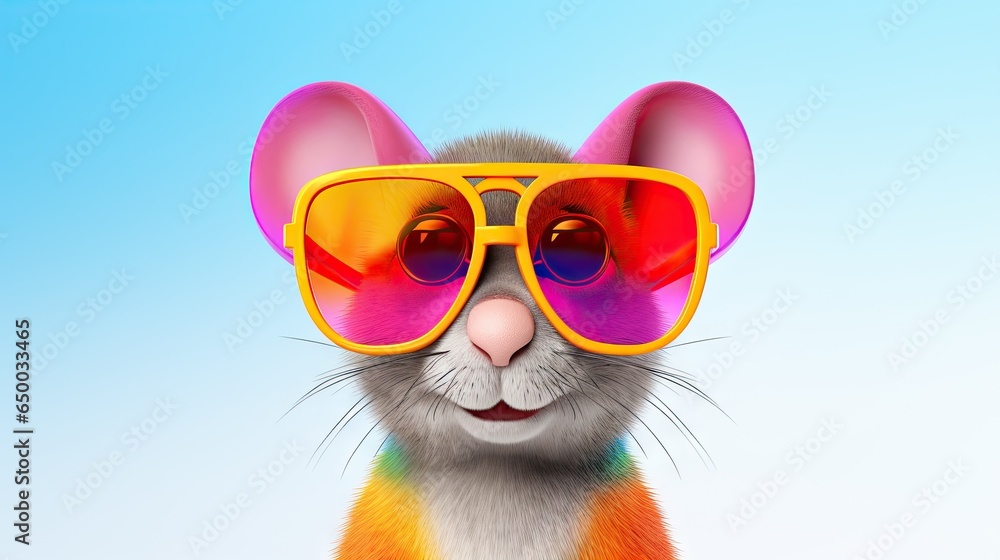  a mouse with sunglasses on its head and a blue background.  generative ai