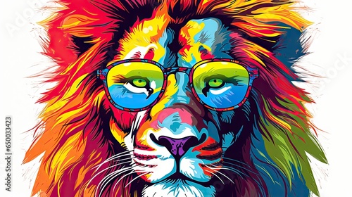  a colorful lion wearing glasses and a tie dye effect on it's face. generative ai