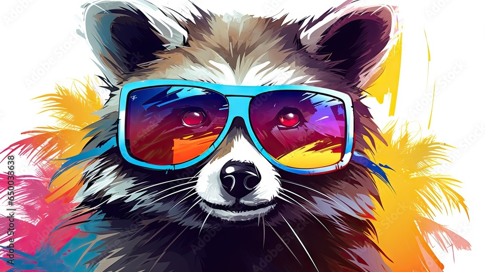  a raccoon wearing sunglasses with a colorful background behind it.  generative ai