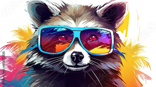  a raccoon wearing sunglasses with a colorful background behind it. generative ai