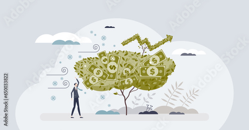 Economic growth in adverse conditions with profit success tiny person concept. Challenging time with money development and successful trading vector illustration. Economy stock rise and wealth ascent