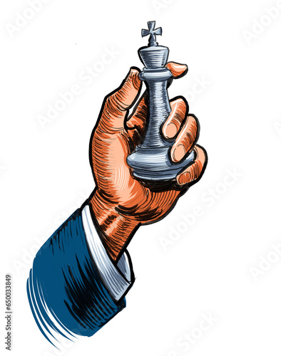 Hand holding chess piece. Hand-drawn ink on paper and hand-colored on tablet