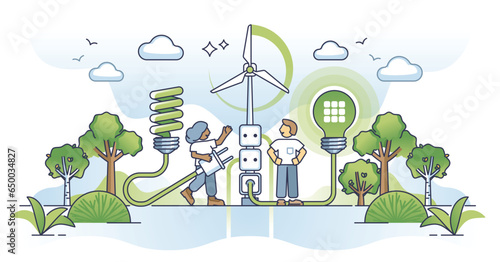 Clean energy revolution and green electricity production outline concept. Using sustainable alternative power source for lighting as nature friendly solution vector illustration. Effective LED lights
