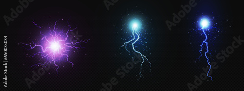 Realistic electric circle bolt lightning explosion. Magic thunder power effect in blue and purple color. Pain shock fantasy 3d discharge element. Neon glowing laser electrical hit burst vector