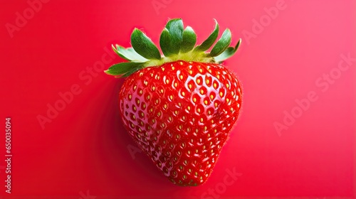  a red strawberry with a green stem on a pink background. generative ai