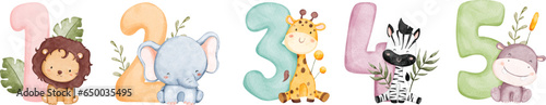 Watercolor Illustration set of numbers with cute safari animals