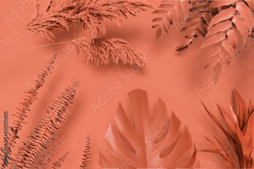 Collection of tropical leaves,foliage plant in Orange color with space background