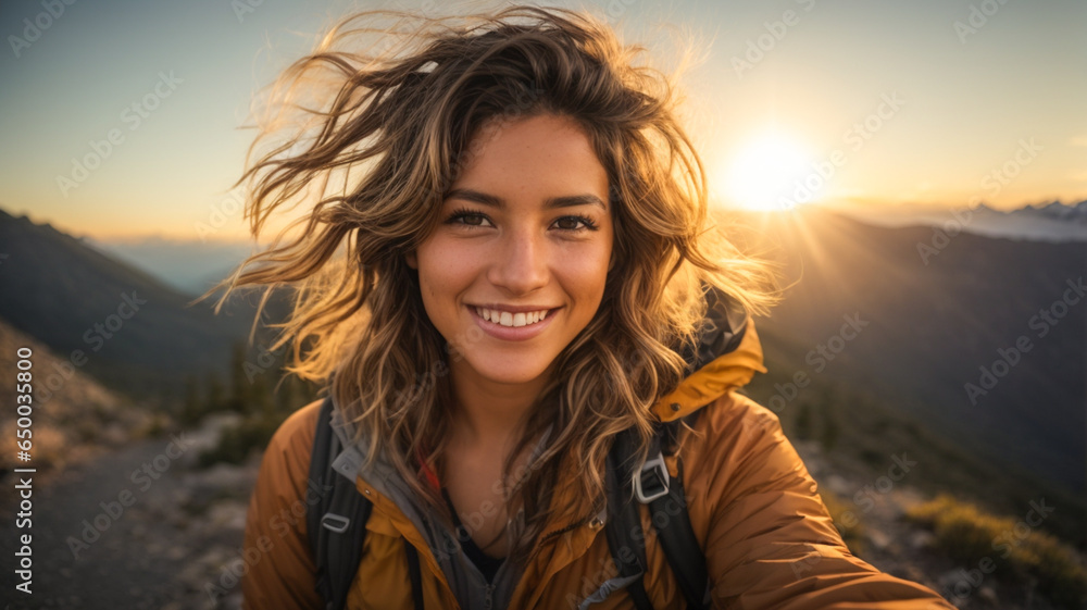 Happy smiling woman visiting a beautiful tourist landscape, on top of a mountain, taking a selfie photo on a beautiful sunny day, concept of healthy and free living, lifestyle, mental health Happy smiling woman visiting a beautiful tourist landscape, on top of a mountain, taking a selfie photo on a beautiful sunny day, concept of healthy and free living, lifestyle, mental health