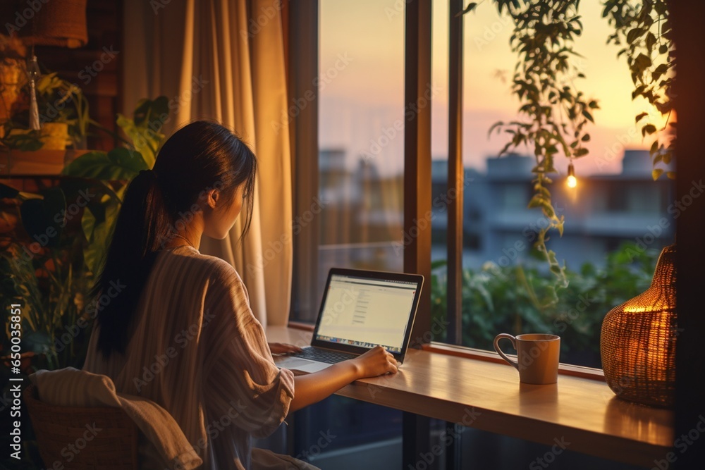 Asian woman working on laptop in the morning at home. Working from home concept. Asian woman working on laptop in the morning at home. Working from home concept.