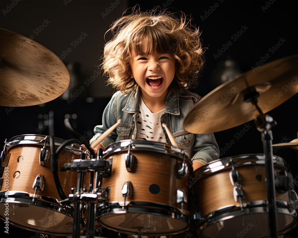 Fototapeta premium smiling kid holding Drumstick in two hands, plays drums in living room